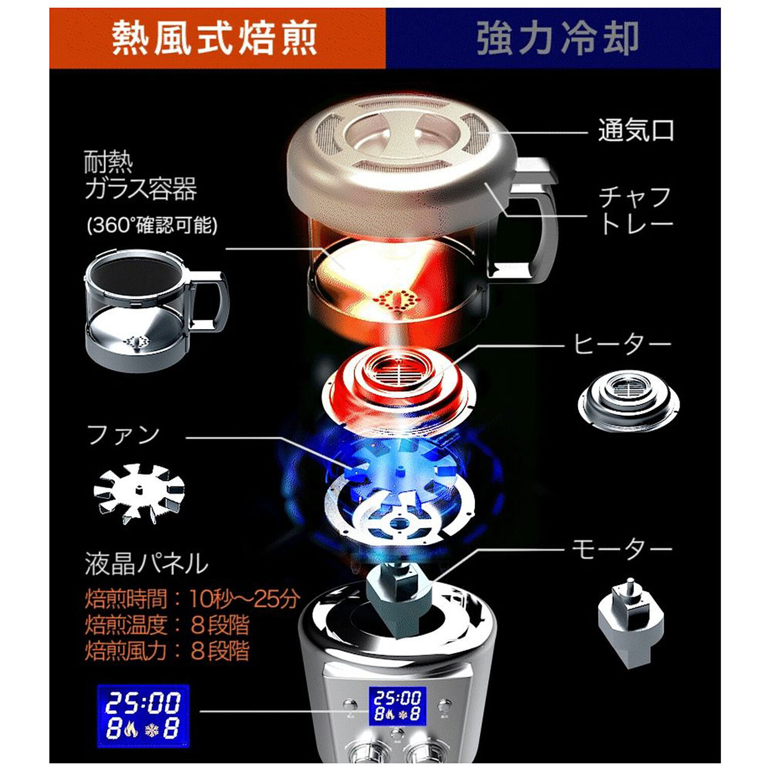本格コーヒー 生豆焙煎機 コーヒーロースター ムラが出ない熱風式 自動冷却機能 浅煎りから深煎り可能 生豆ロースト珈琲生豆の焙煎具合が視覚で - 3