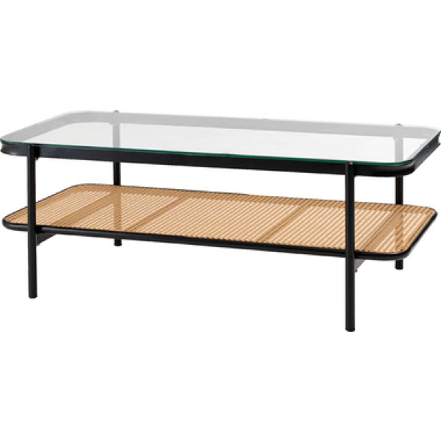 リビングテーブル ガラス センターテーブル ブラック 棚 収納 モダン 幅110cm 人工ラタン ラタン調 黒 ガラス天板 TOE-130BK