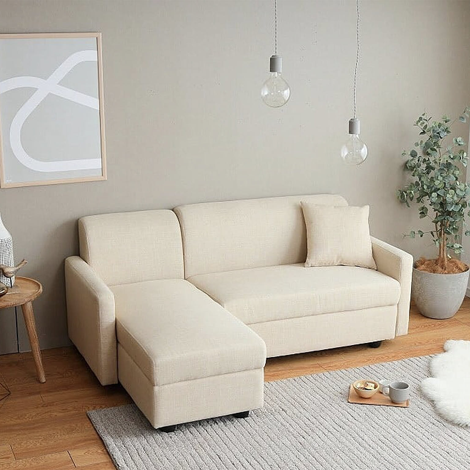 北欧デザイン 収納付きカウチソファ（ベージュ）北欧家具 シンプルデザイン ベージュ家具 収納家具