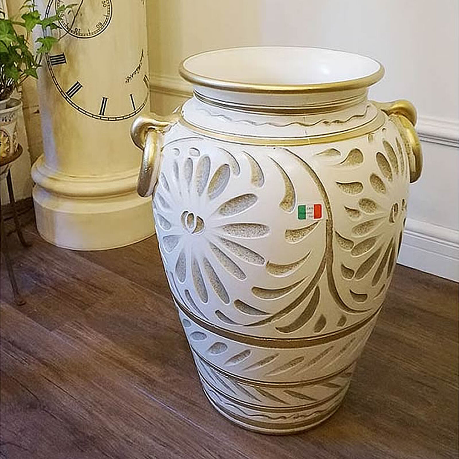 イタリア製 アンブレラスタンド 傘立て 陶器 白 ホワイト 手彩色 壺型