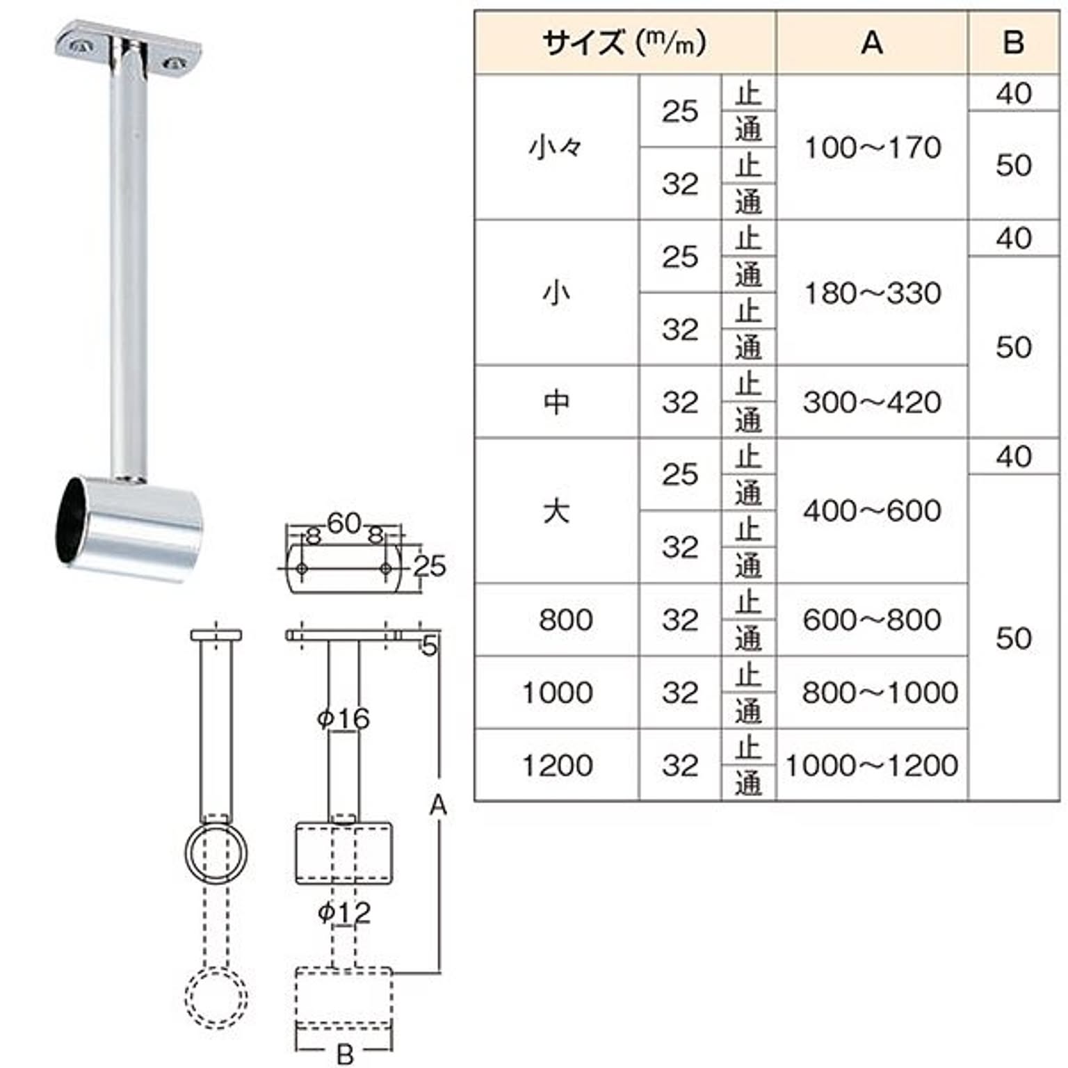 天吊り自在ブラケット 小々 32mm 止 スライド幅 100-170【0440-00224】