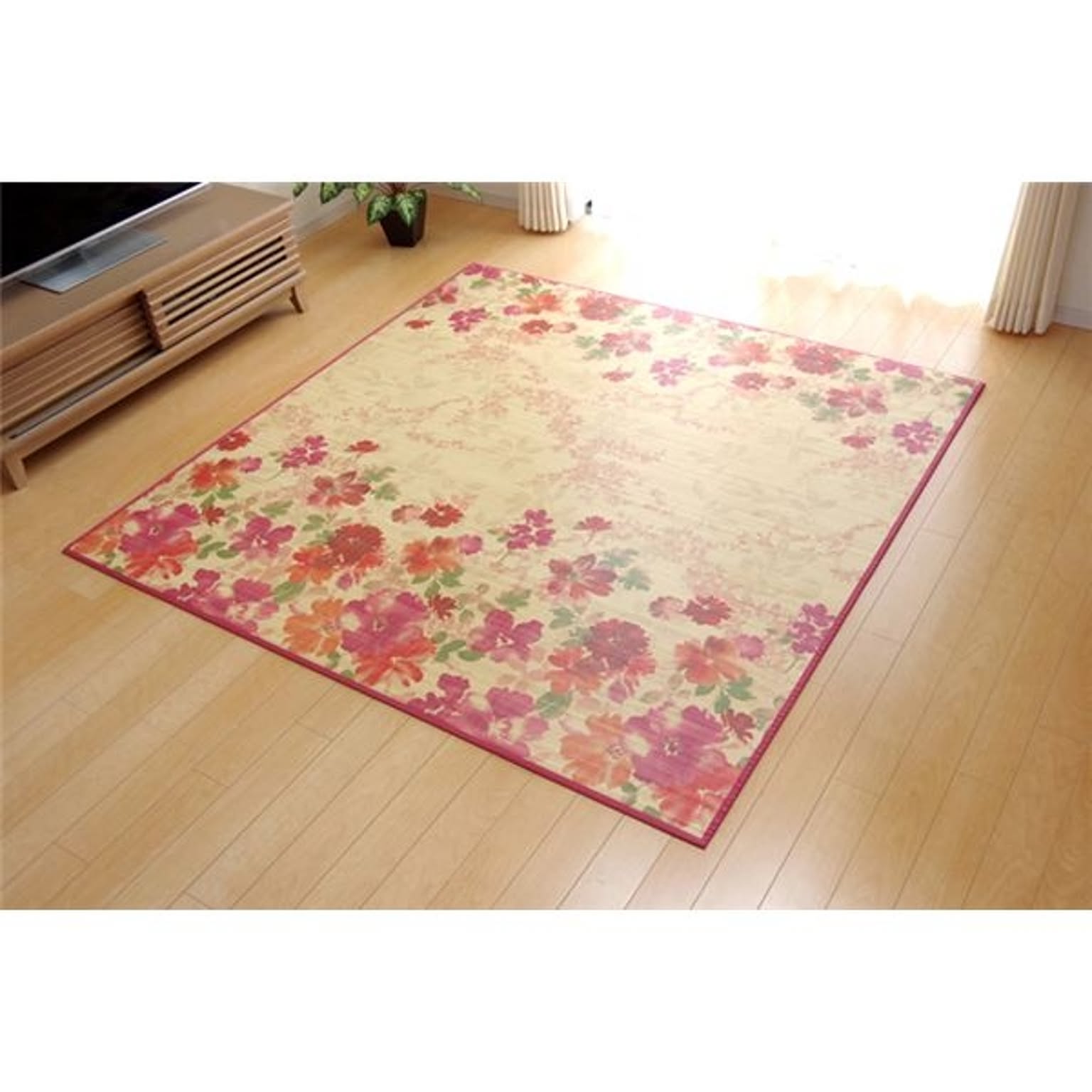 水彩タッチ 花柄 竹ラグカーペット 『DXフォンターナ』 ローズ 約130×180cm