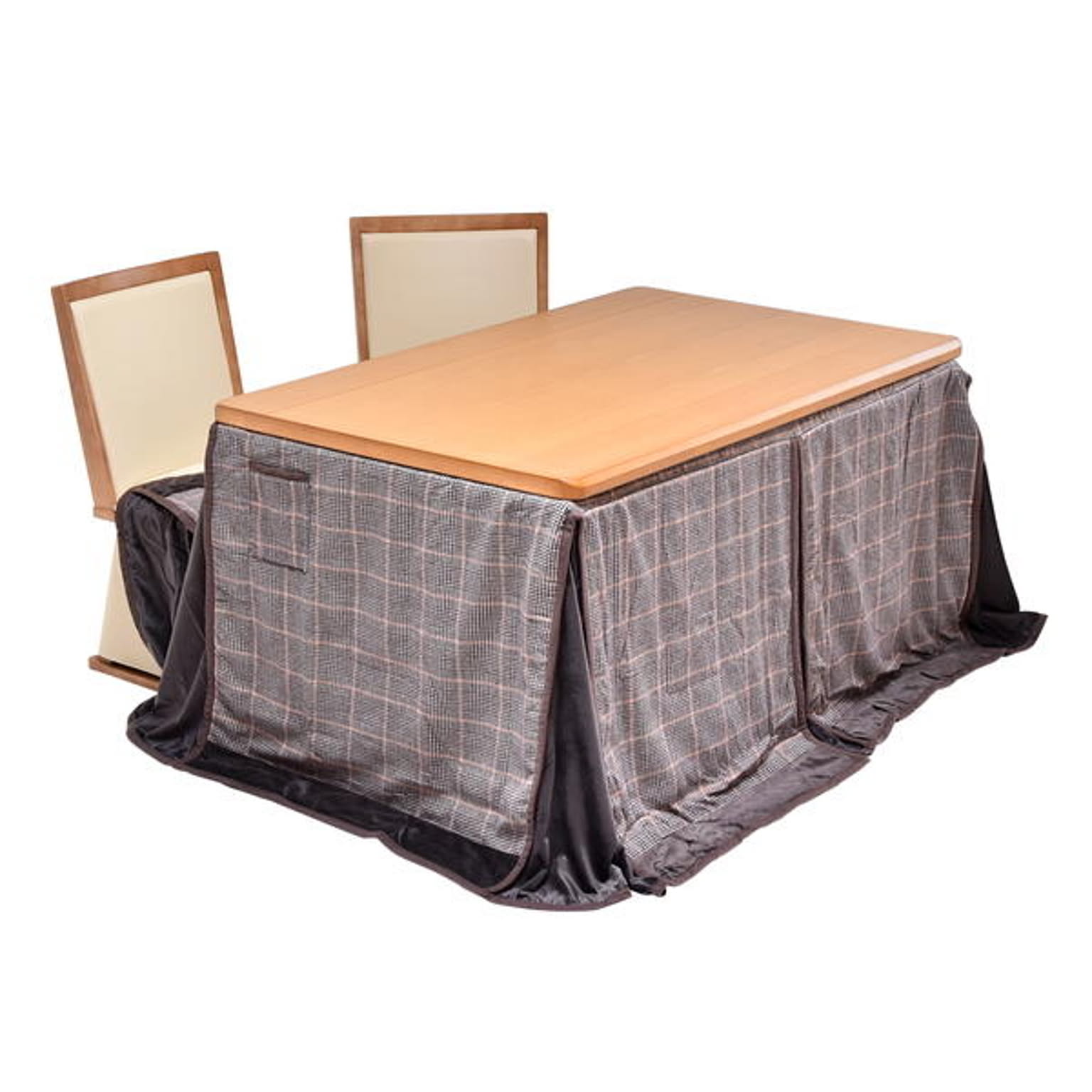TAMO タモ突板　幅135cm ハイタイプコタツ 専用こたつふとん ＆ 回転チェア 2脚セット 計4点セット 【ナチュラル/ライトグレー】