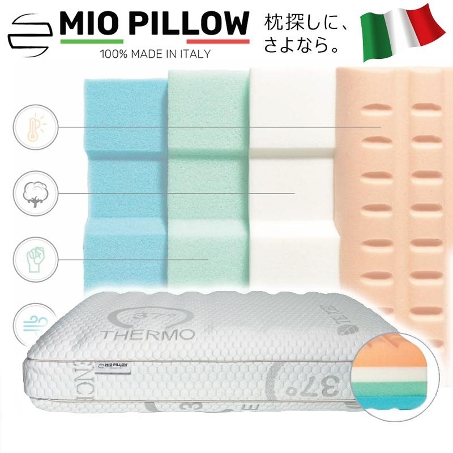 イタリア製 枕 MIO PILLOW 組み合わせ 10通り テンセル oeko tex エコテックス 低反発 高反発 カスタマイズ まくら マクラ うつぶせ 横向き 整体枕