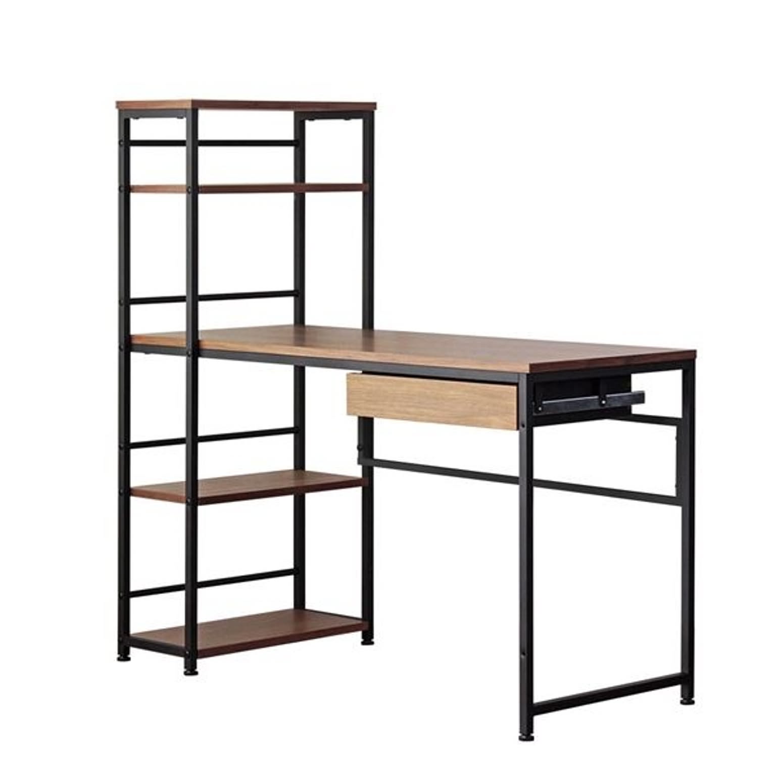 収納ラック付きパソコンデスク/ワークデスク 【ウォールナットブラウン】 幅120.5cm 引出し付き 【組立品】【代引不可】 通販