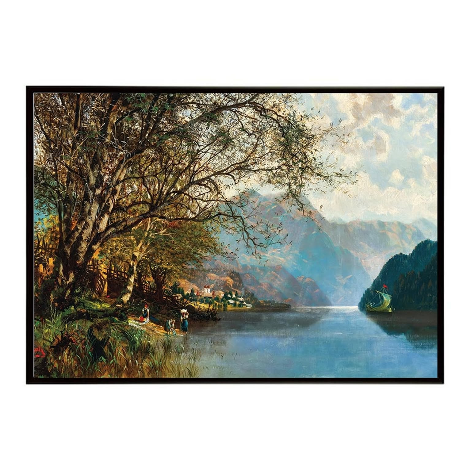 女性 湖 絵画 直筆絵画 女性と湖の風景 装飾額縁付き