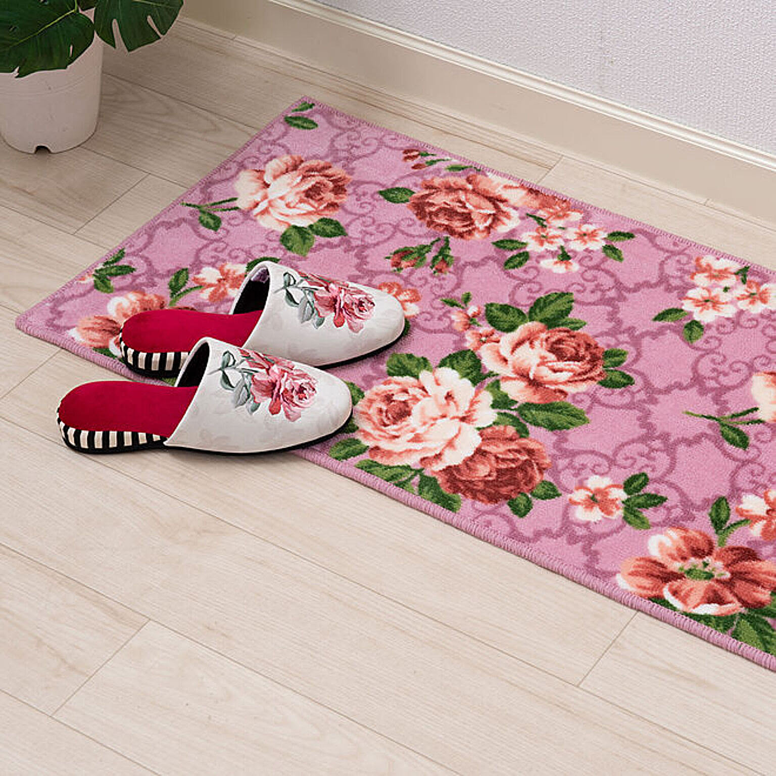 マリア キッチンマット 約45×180cm アイボリー/ピンク