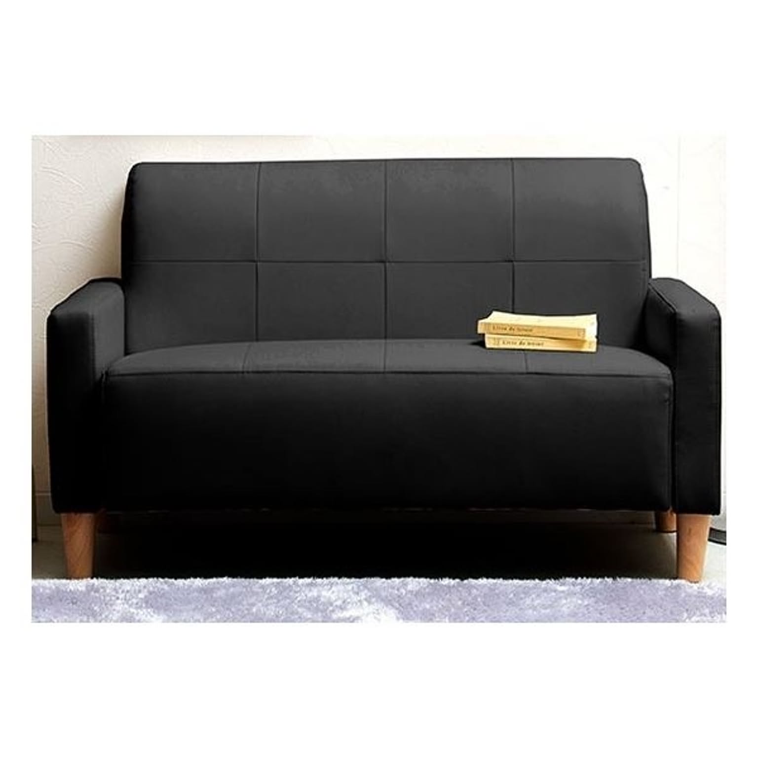 コンパクトソファー/ローソファー 【2人掛け ブラックレザー調】 約113×62×68cm 肘付き 脚付き 『MINI』 組立品 〔リビング〕