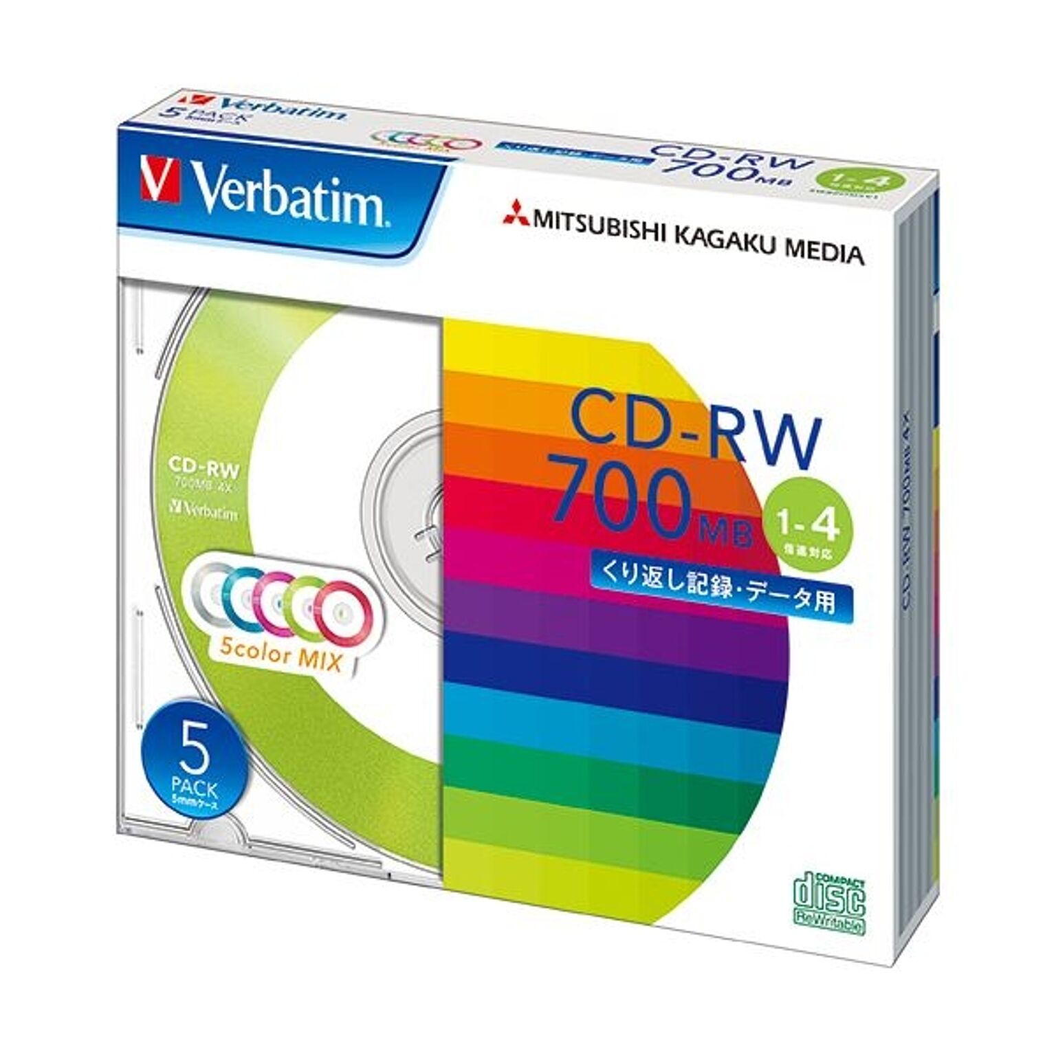 (まとめ) バーベイタム データ用CD-RW700MB 4倍速 5色カラーMIX 5mmスリムケース SW80QM5V1 1パック(5枚) 【×10セット】