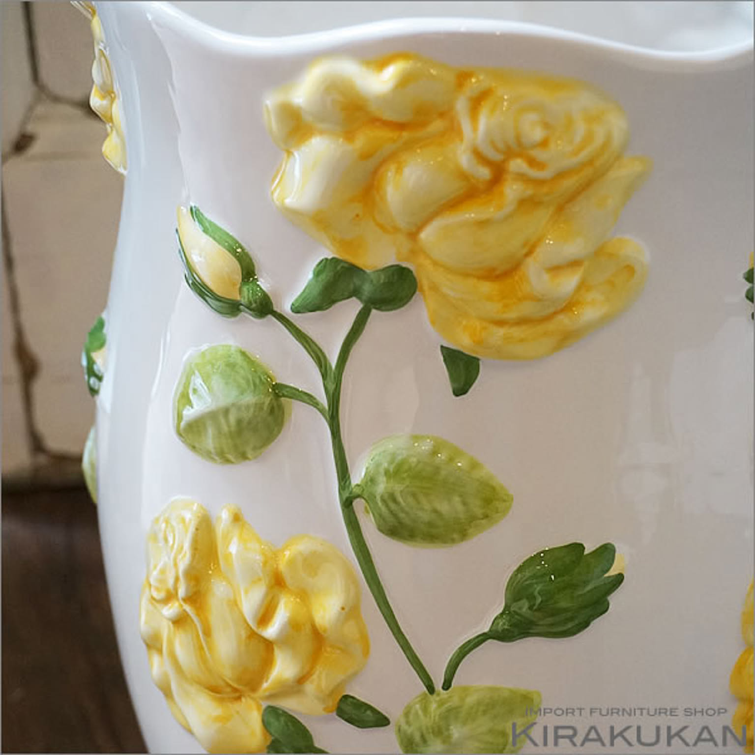 アンブレラスタンド 傘立て 陶器 ローズレリーフ イエロー 薔薇雑貨