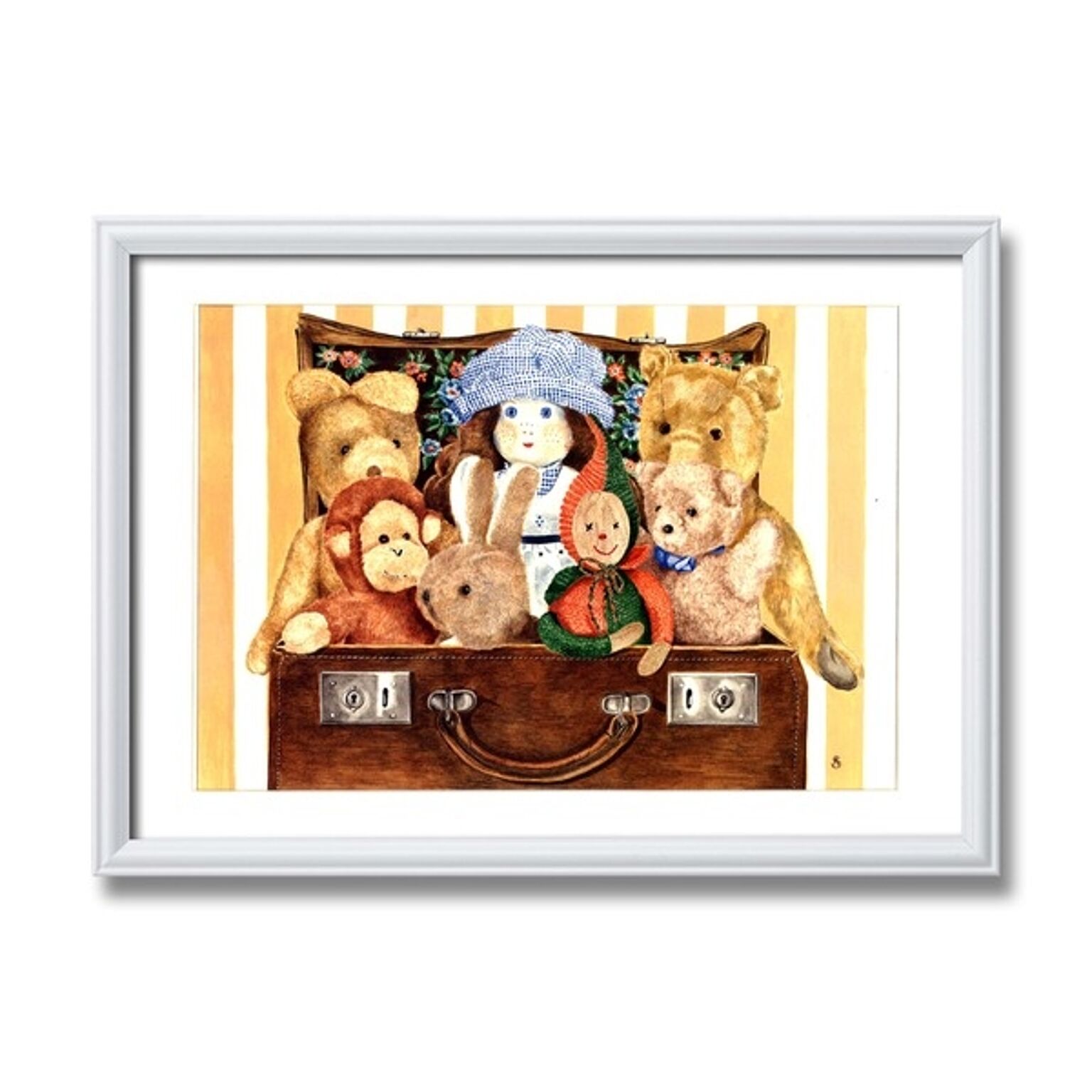 アンジェラ・シマンドソン絵画額■白いフレーム・人形の絵・風景画「スーツケース」
