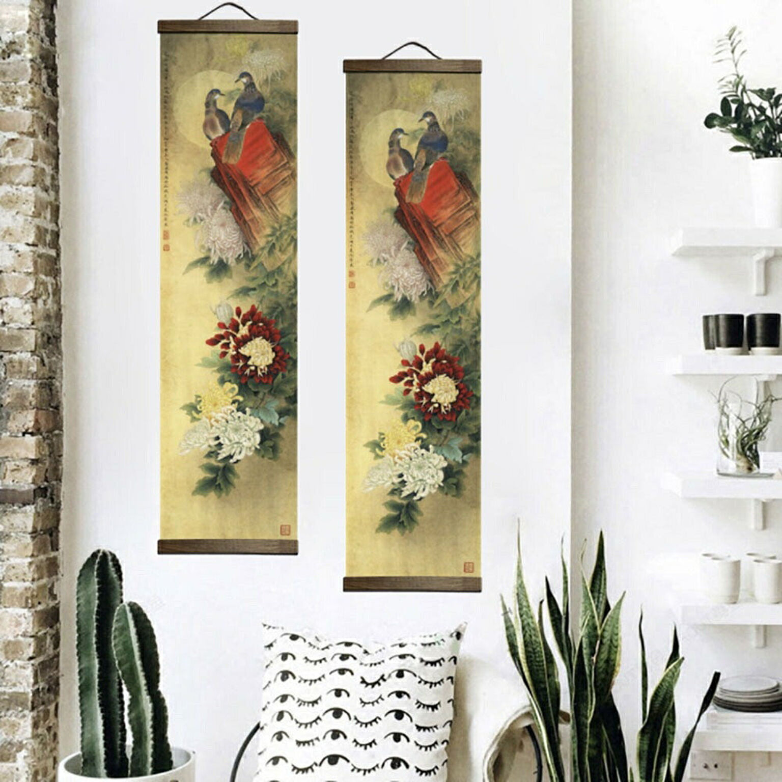 掛け軸 鳩と花のタペストリー 室内 ポスター 玄関 和室 飾り