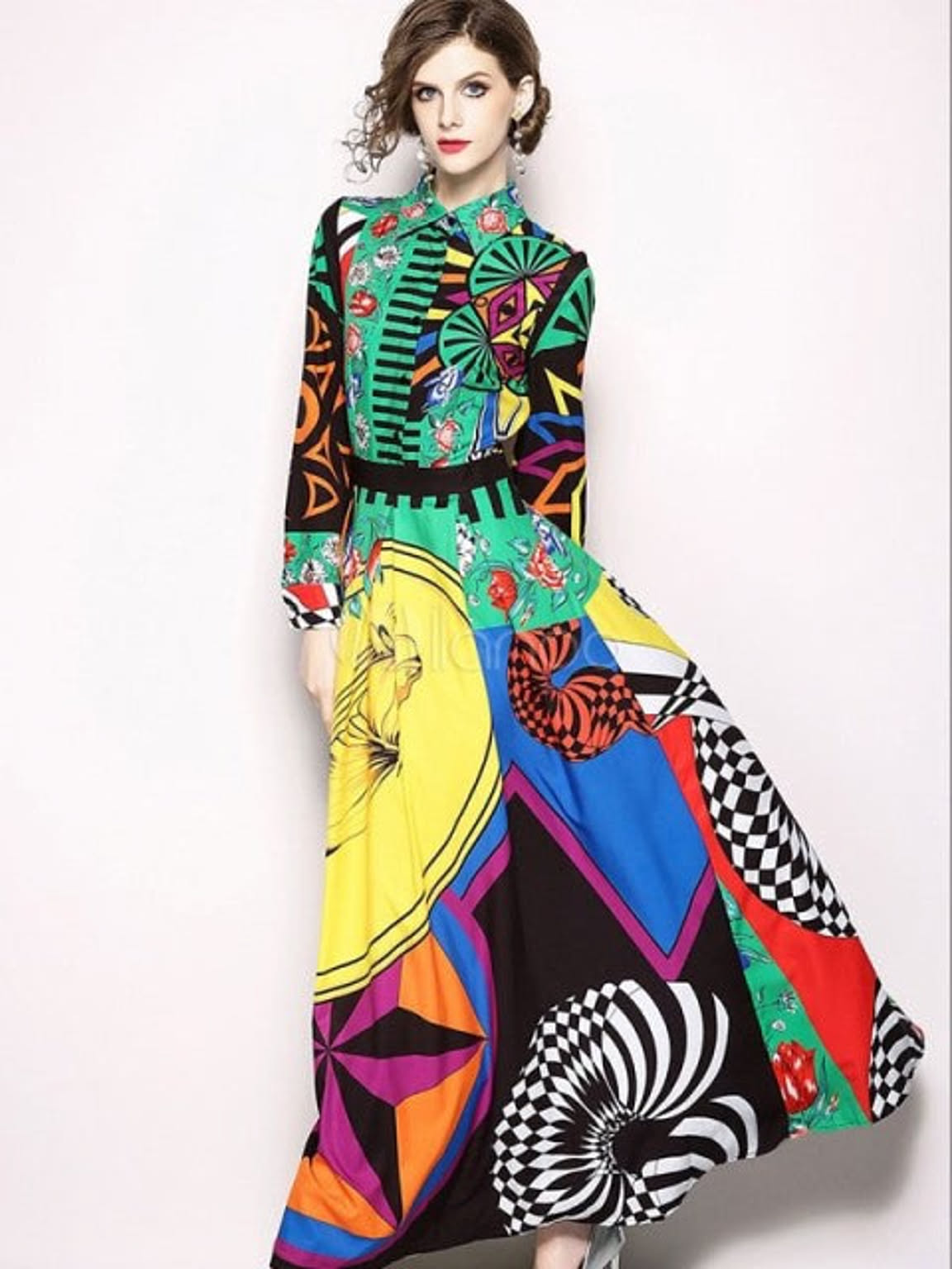 幾何学 総柄 マキシ ロングワンピース ドレス 主役級 幾何学模様 ワンピース カラフル レディース ヴィンテージ クラシカル 70年代 通販 Roomclipショッピング