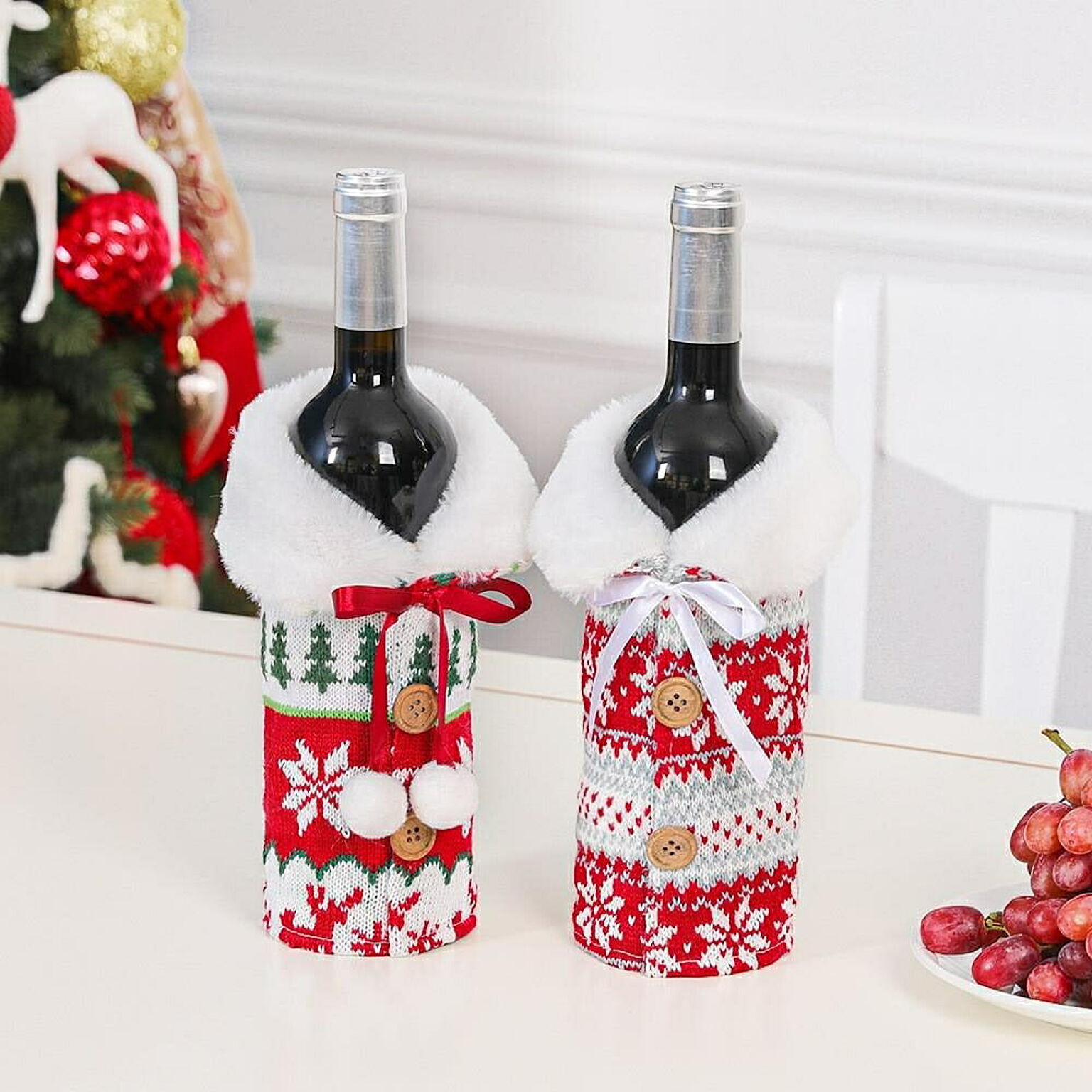 【在庫限り】雑貨 ワインボトルカバー 赤リボンor白リボン ニット ボトルカバー クリスマスデコレーション クリスマスパーティー かわいい デザイン サンタクロース ワイン