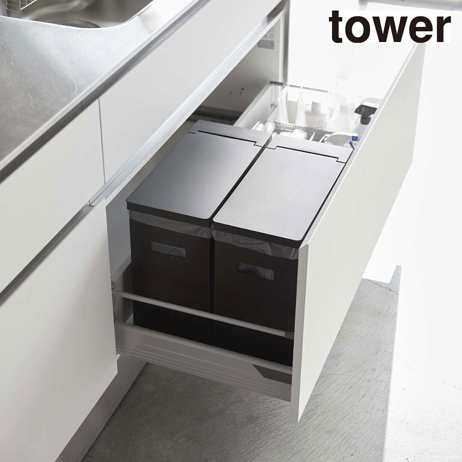 【タワー】シンク下蓋付きゴミ箱 タワー 2個組 ブラック