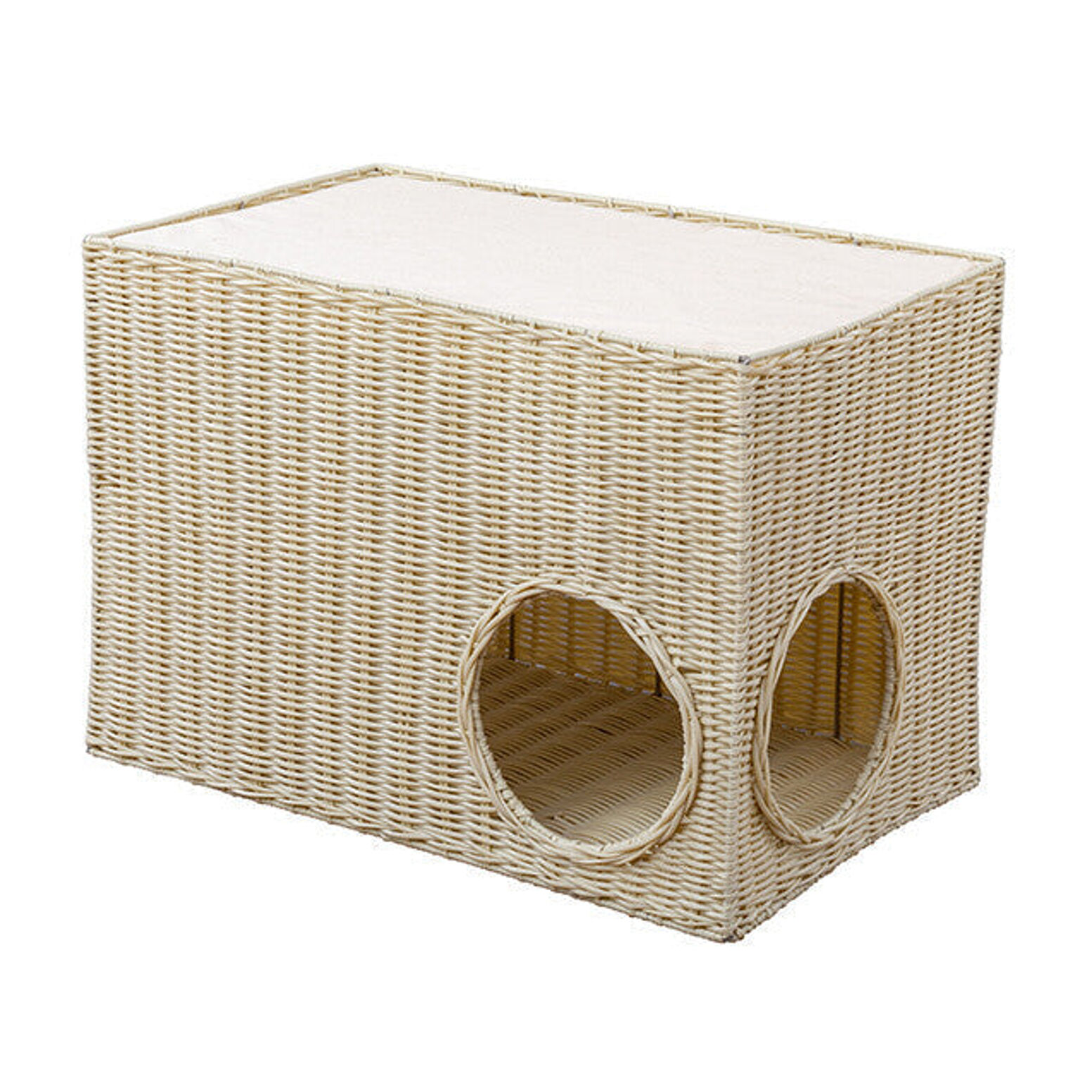 ソファーサイドキャットハウス 猫ベッド 洗える ラタン風 涼しい ボックス型 カゴ バスケット 穴付き キャットベッド クッション付き