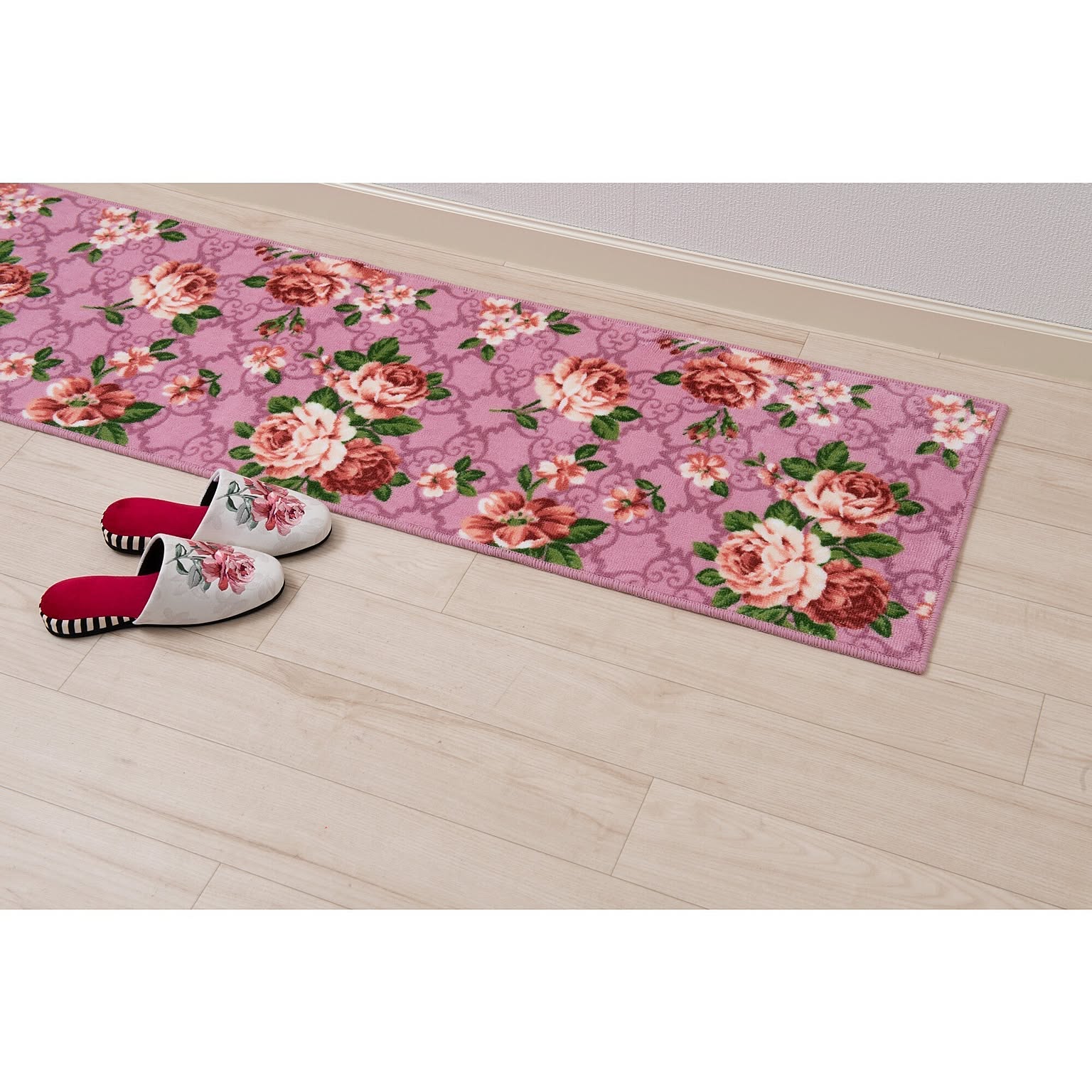 マリア キッチンマット 約45×120cm アイボリー/ピンク