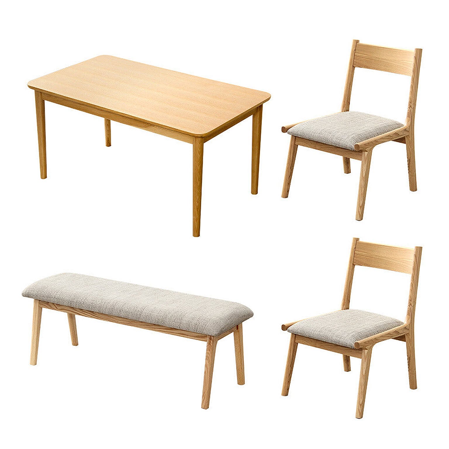 ダイニング4点セット（テーブル+チェア2脚+ベンチ）ナチュラルロータイプ　木製アッシュ材｜Risum-リスム-