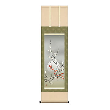 掛け軸 朧月紅白梅 園田峰彩 44.5x164cm 三幸