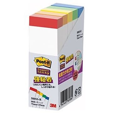 （まとめ） 3M ポストイット 強粘着ふせん 75×25mm ホワイト（5色帯入） 500SS-R 1パック（5冊） 【×5セット】