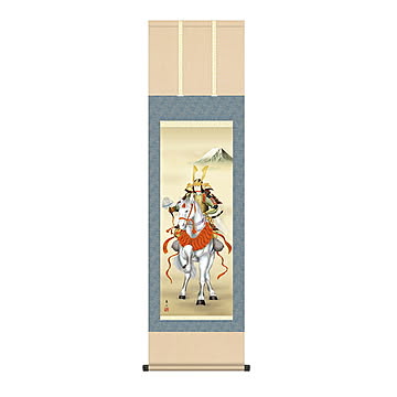掛け軸 白馬武者 榎本東山 44.5x164cm 三幸