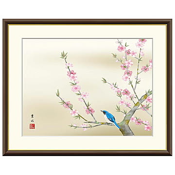 額絵 桃花に小鳥 緒方葉水 61x49.5cm 三幸