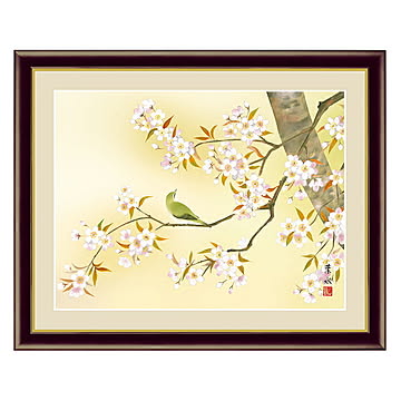 アート 額絵 桜に鶯 緒方 葉水 本紙サイズ F4(約31x23cm) 額サイズ 42x34cm 三幸