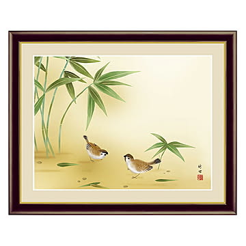 アート 額絵 竹に雀 田村 竹世 本紙サイズ F4(約31x23cm) 額サイズ 42x34cm 三幸
