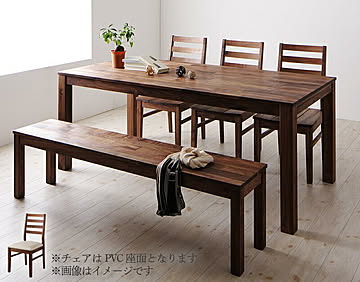 無垢材ダイニングセット Tempus テーブル+チェア3脚+ベンチ1脚 W180 ウォールナット