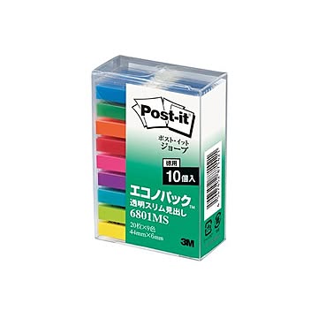 （まとめ） 3M ポストイット ジョーブ エコノパック 透明スリム見出し 44×6mm 9色 業務用パック 6801MS 1セット（90冊） 【×2セット】