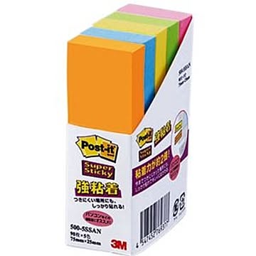 （まとめ） 3M ポストイット 強粘着ふせん 75×25mm ネオンカラー5色 500-5SSAN 1パック（5冊） 【×5セット】