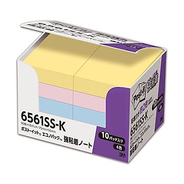 (まとめ) 3M ポスト・イット 強粘着エコノパック ノート 75×50mm パステルカラー 4色混色 6561SS-K 1パック（10冊）  【×10セット】