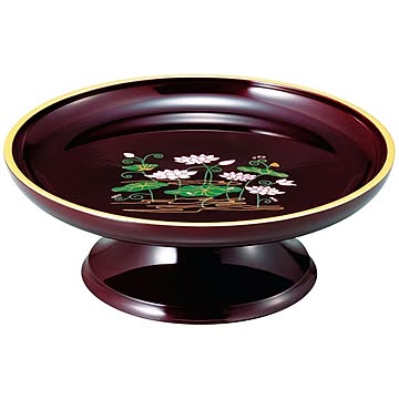 蓮蒔絵丸型 供物台/仏具 小サイズ 日本製 直径18cm×高さ6.3cm 重さ210g ウレタン塗装 〔仏壇 祭壇〕