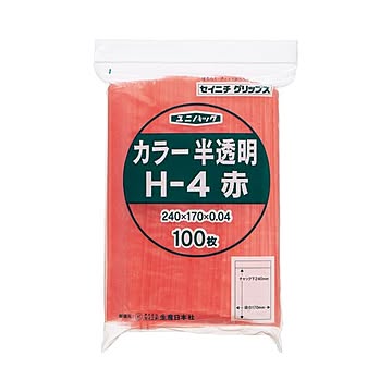 (まとめ) セイニチ チャック付袋 ユニパックカラー 半透明 ヨコ170×タテ240×厚み0.04mm 赤 H-4アカ 1パック(100枚)  【×10セット】