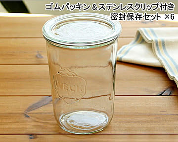 ウェック 密封保存セット モールドシェイプ WE743 ガラスキャニスター 750ml 6個 ＆ ゴムパッキン WE001 6個 ＆ ステンレスクリップ WE004 12個