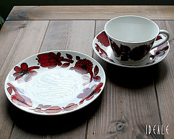 【復刻版】 グスタフスベリ レッドアスター 496-08/3 ティーカップ＆ソーサー+ 496-03 プレート 18cm GUSTAVSBERG Red Aster