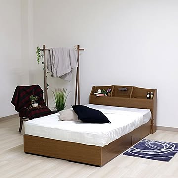 セミダブルベッド マットレスセット ポケットコイル付き 収納・引き出し・棚・宮・コンセント・照明付き ブラウン 日本製
