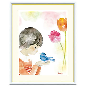 額絵 青い鳥とチューリップ 榎本早織 61x49.5cm 三幸