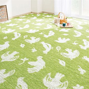日本製 小鳥グリーン フリーカット ラグマット 絨毯 江戸間10畳 用 撥水加工