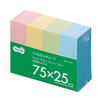 (まとめ) TANOSEE エコふせん キューブ 75×25mm 4色 1セット（20冊：4冊×5パック） 【×5セット】
