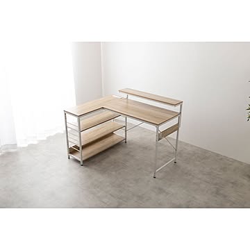 デスク、モニター台、ラックが一体となったL字型デスク