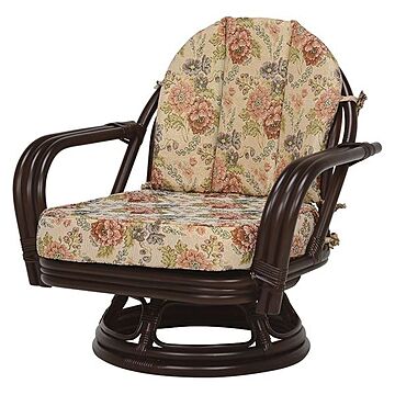 回転式肘付き座椅子 ダークブラウン 花柄 パーソナルチェア 座面高26cm ポリエステル張地