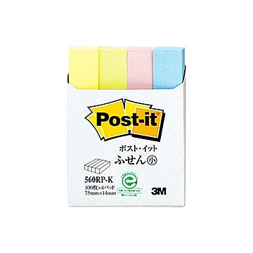 （まとめ） 3M ポストイット ふせん小 再生紙スタンダードカラー 75×14mm 4色 560RP-K 1パック（4冊） 【×15セット】