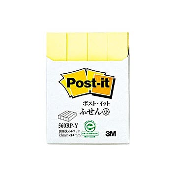 (まとめ) 3M ポストイット ふせん小 再生紙スタンダードカラー 75×14mm イエロー 560RP-Y 1パック（4冊）  【×30セット】