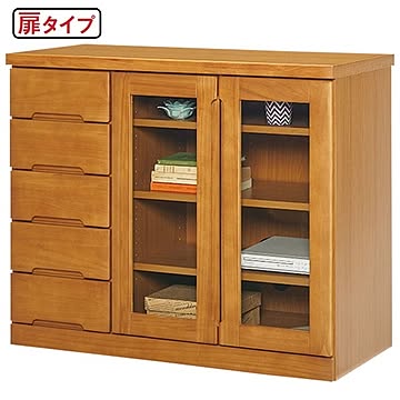 天然木 リビングボード/収納棚 【約幅90cm】 木製 引き出し付き ガラス 〔ダイニング〕
