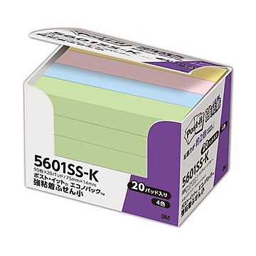 (まとめ) 3M ポスト・イット 強粘着エコノパック ふせん 小 75×14mm パステルカラー 4色混色 5601SS-K 1パック（20冊）  【×10セット】