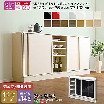 【引戸シリーズ】セミオーダー収納ぴったりくん キャビネット(ポリカタイプ グレイ) 幅120cm×奥行35cm 【OG】 完成品 開梱設置 日本製 カウンター 収納 収納 リビング キッチン