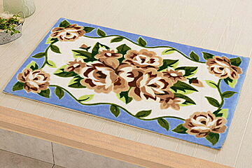 萩原 フィンネス 玄関マット 64×105cm ベージュ・ブルー 花柄 植物 滑り止め 床暖房対応