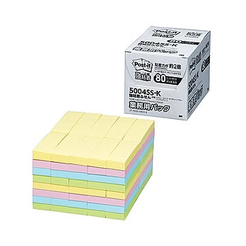 (まとめ）3M ポスト・イット 強粘着ふせん業務用パック 75×25mm パステルカラー 4色 5004SS-K 1パック（80冊）【×3セット】