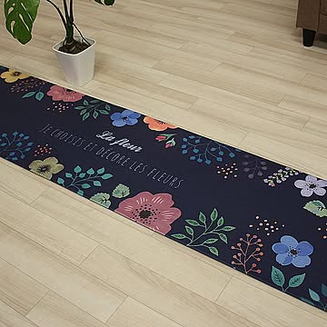 九装 キッチンマット 約45×180cm デコーレ 撥水 汚れに強い 拭くだけ 台所用 廊下 塩化ビニル フルーツ 植物柄 ネイビー